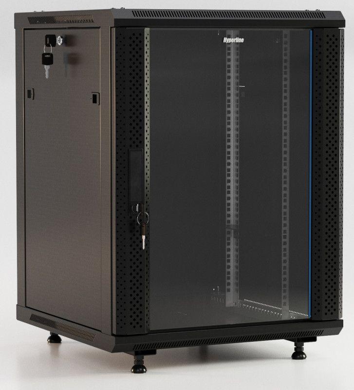 Шкаф настенный TWB-FC-1866-GP-RAL9004 19дюйм. 18U 908х600х600мм стекл. дверь с перфорацией по бокам ручка с замком с возмож. установки на ножки черн. (разобранный) Hyperline 395560 (1 шт.)