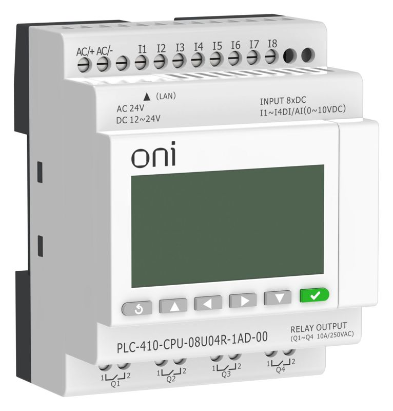 Модуль ЦПУ ПЛК 410 4 DI 4 UI (0-10 В/DI) 4 RO 12В-24В DC или 24В AC с Ethernet портом с экраном ONI PLC-410-CPU-08U04R-1AD-00 (1 шт.)