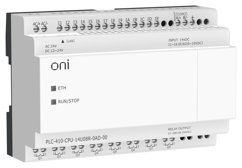 Модуль ЦПУ ПЛК 410 8 DI 6 UI (0-10 В/DI) 8 RO 12В-24В DC или 24В AC с Ethernet портом без экрана ONI PLC-410-CPU-14U08R-0AD-00 (1 шт.)