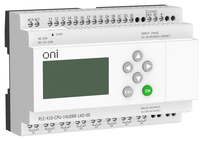 Модуль ЦПУ ПЛК 410 8 DI 6 UI (0-10 В/DI) 8 RO 12В-24В DC или 24В AC с Ethernet портом с экраном ONI PLC-410-CPU-14U08R-1AD-00 (1 шт.)