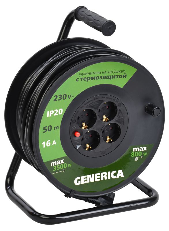Удлинитель на катушке 4х50м 16А IP20 УК50 2P+PE 3х1.5 термозащита GENERICA WKP20-16-04-50-G (1 шт.)