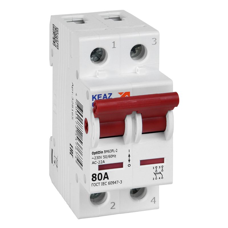 Выключатель нагрузки модульный 2п 80А OptiDin BM63PL-280-УХЛ3 (ВМ63PL) КЭАЗ 328165 (1 шт.)