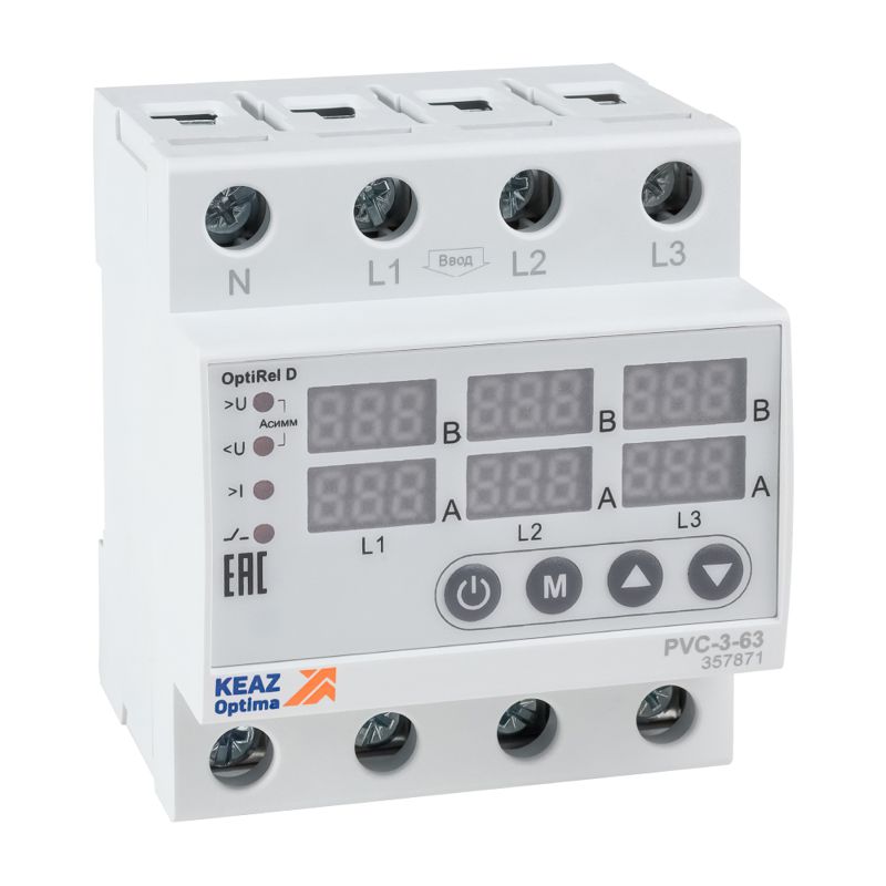 Реле напряжения OptiRel D PVC-3-63 с ЖК-дисплеем и контролем тока 3Ф 63 А КЭАЗ 357871 (1 шт.)