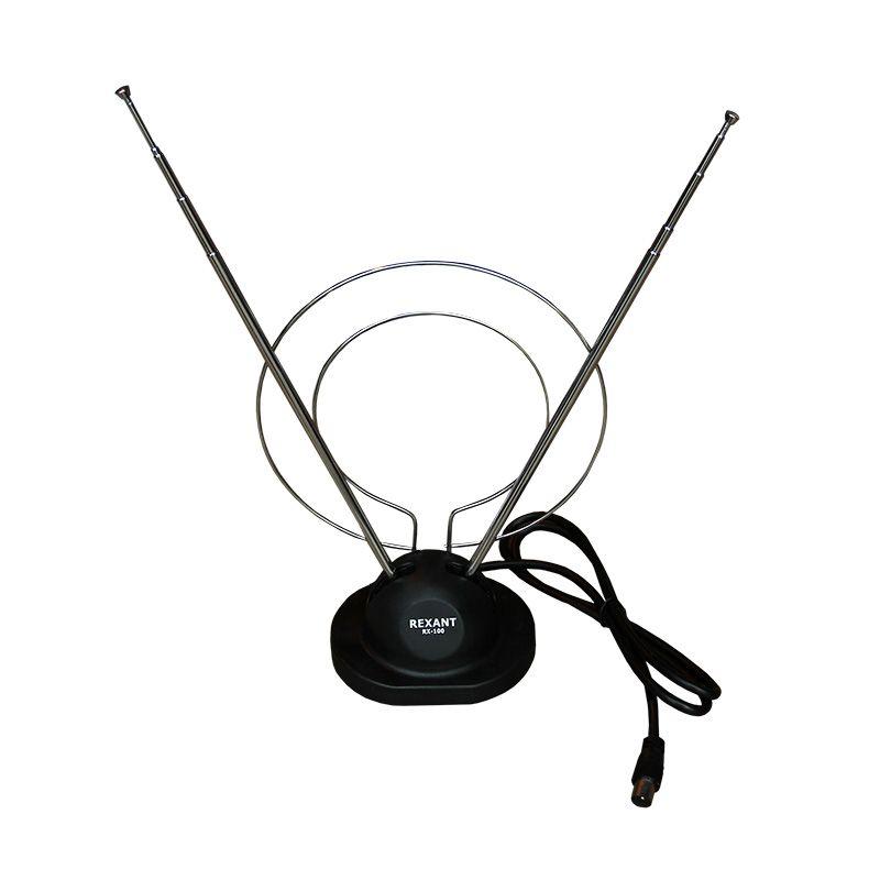 Антенна ТВ комнатная RX-100 телескопич. на подставке с кольцом VHF; UHF 47-860MHz REXANT 34-0100 (1 шт.)