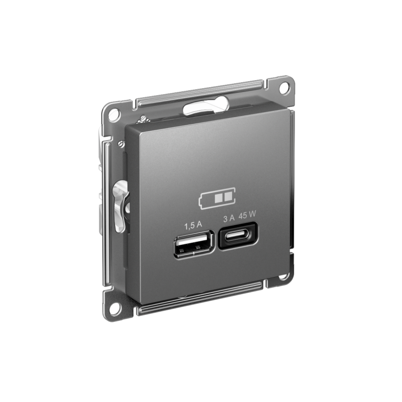 Розетка USB AtlasDesign тип A+C 45Вт QC PD высокоскор. ЗУ механизм сталь SE ATN000929 (1 шт.)