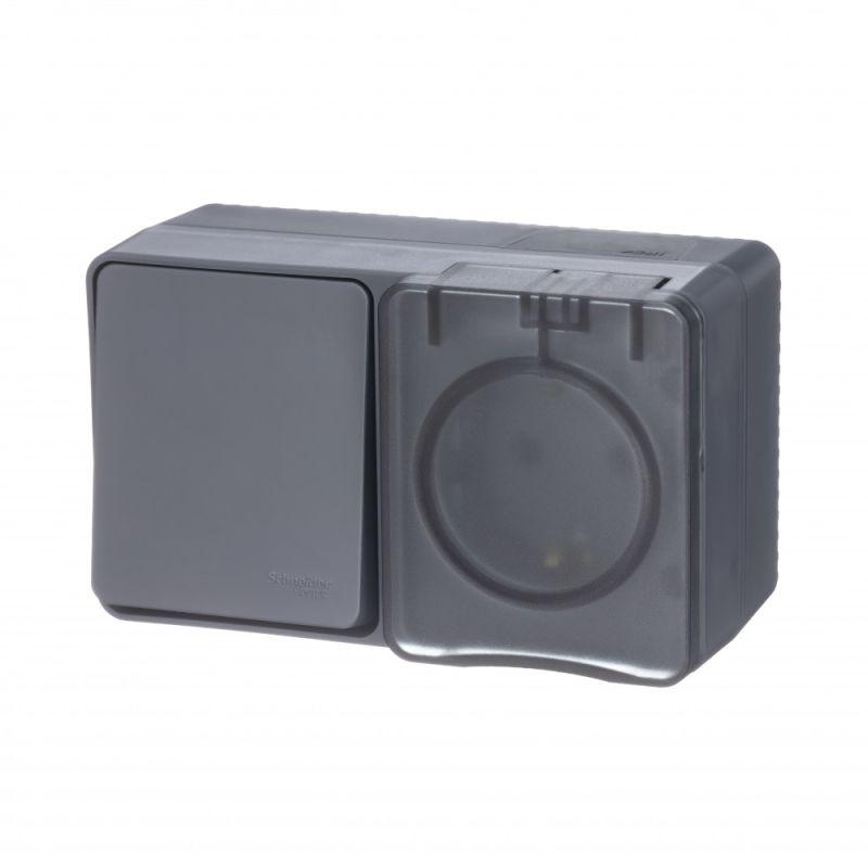 Блок ОП AtlasDesign PROFI IP54 (розетка 1-м 16А заземл. защ. шторки + 1-кл. выключатель 10А) антрацит SE ATN544070 (1 шт.)