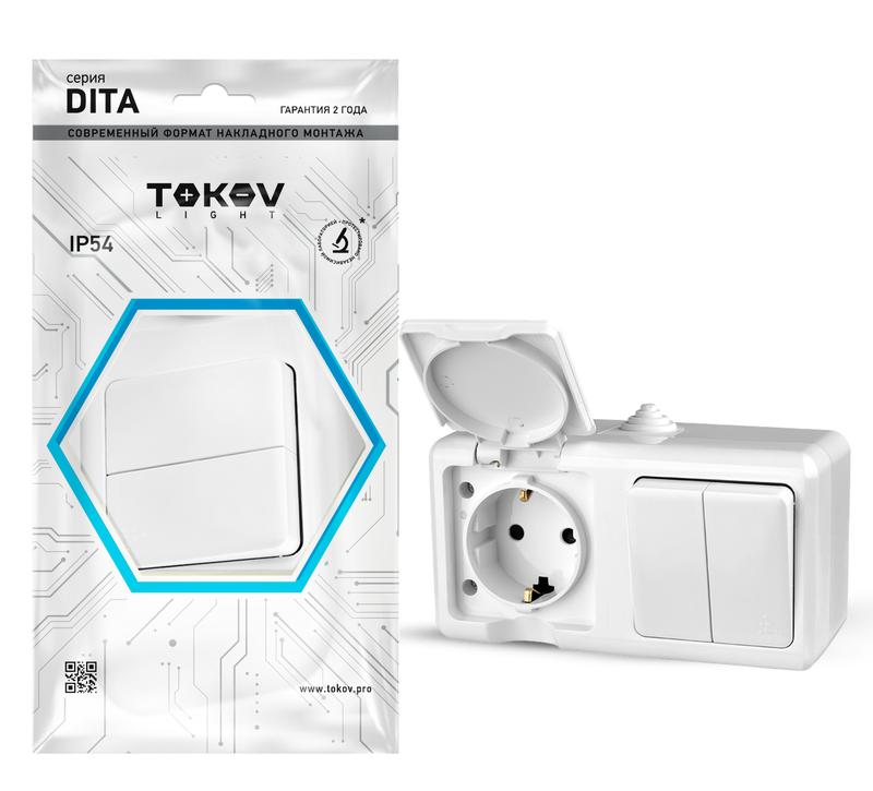 Блок ОП Dita (розетка 16А 250В с заземл. + 2-кл. выкл. 10А) IP54 бел. TOKOV ELECTRIC TKL-DT-V2RZ-C01-IP54 (1 шт.)