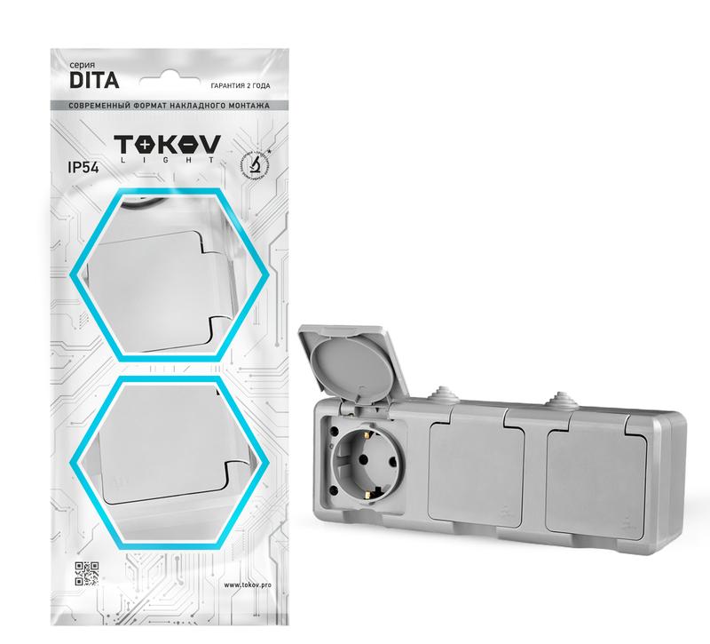 Розетка 3-м ОП Dita 16А IP54 250В с заземл. с сер. крышкой сер. TOKOV ELECTRIC TKL-DT-R3Z-C06-IP54 (1 шт.)