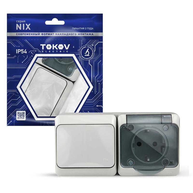 Блок ОП Nix (розетка 16А 250В с заземл. + 1-кл. выкл. 10А) IP54 сер. TOKOV ELECTRIC TKE-NX-V1RZ-C06T-IP54 (1 шт.)